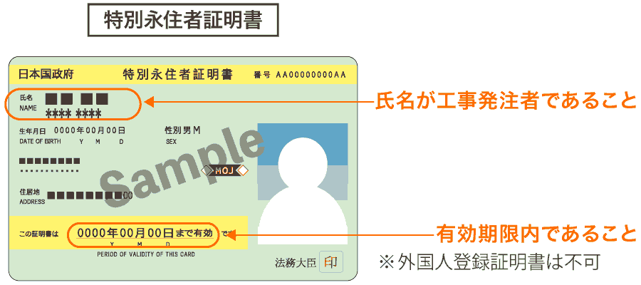 補助金申請必要書類（特別永住者証明書見本）